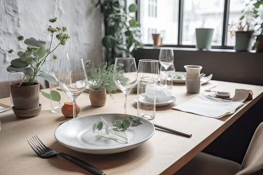 table set for lunch or dinner in modern restaurant with green plants and cutlery, Beautiful and decorated restaurant table with plate, AI Generated
