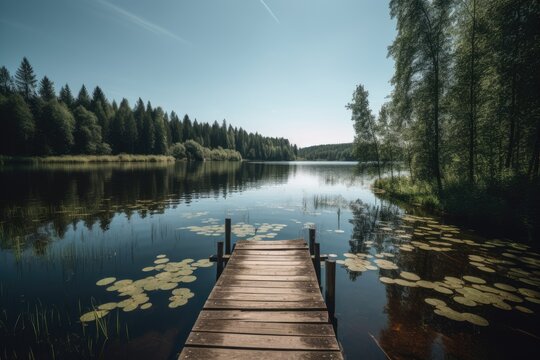 Wooden pier on a lake in the forest. Beautiful summer landscape. Beautiful lake view on a shiny summer day, AI Generated