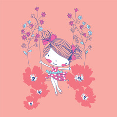 Beautiful, nice, cute girl on flower swing illustration