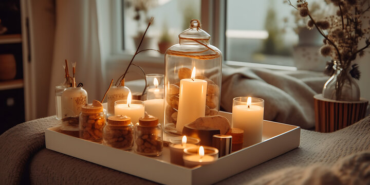 Brightly lit candle holders by the window