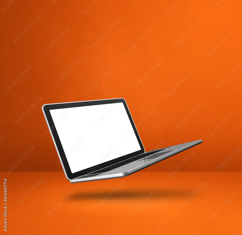 Poster Floating computer laptop isolated on orange. Square background