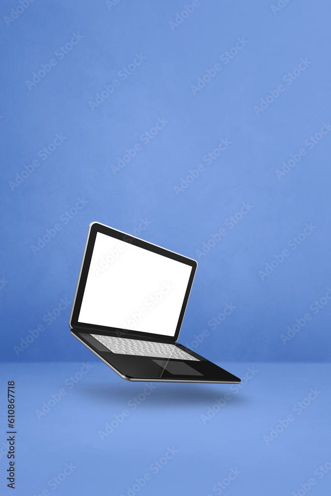 Canvas Prints Floating computer laptop isolated on blue. Vertical background