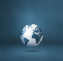 World globe, earth map, isolated on blue. Square background