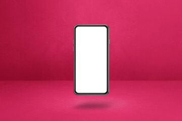 Floating smartphone isolated on pink. Horizontal background