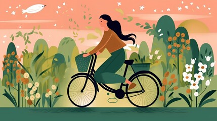 Fototapeta na wymiar Eco-conscious lifestyle, featuring a woman riding a bike surrounded by floral elements.Eco-friendliness, active living, and the harmonious connection between humans and nature. Generative AI