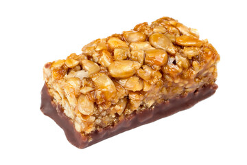 Sweets. Milky compound half coated bar filled with roasted sunflower kernels. Candy isolated on white background.