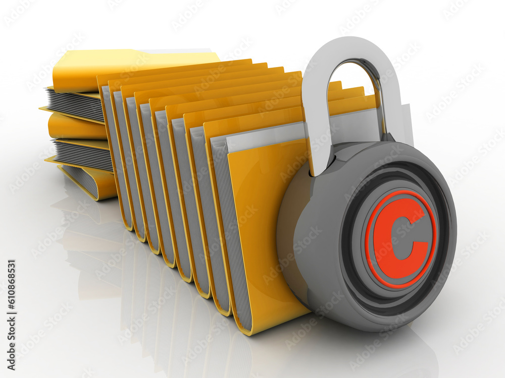 Poster 3d rendering yellow folder and lock. data security concept