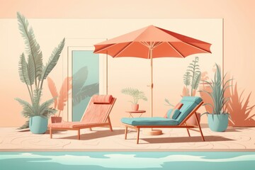 Illustration of bright lounge zone with sunbed and umbrella placed on edge near swimming pool and potted plants representing concept of summer vacation. Generative AI