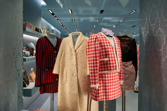 BANGKOK, THAILAND - CIRCA JANUARY, 2020: dressed mannequins displayed at Miu Miu store in Siam Paragon shopping mall.