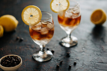 Espresso tonic beverage with coffee. Summer cold iced drink with ice still life photo