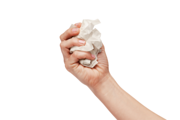 Hand catch white crumpled paper isolated on white background