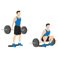 Fototapeta na wymiar Man doing barbell hack squat with stepping on the weight plate. Flat vector illustration isolated on white background