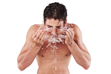 Man, water splash and washing face for skincare isolated on transparent, png background. Aesthetic male model person shirtless for cosmetics, clean facial skin and hygiene for health and wellness