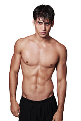 Man, portrait and topless with muscular body standing in pose isolated on a transparent PNG...