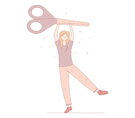 Young woman holding huge scissors above her head. Vector isolated flat illustration of a funny girl.