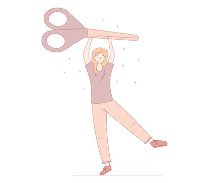 Young woman holding huge scissors above her head. Vector isolated flat illustration of a funny girl.
