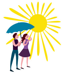 People under umbrella in summer heat. Overheated hot sun. High temperature, global warming design. Vector flat cartoon illustration