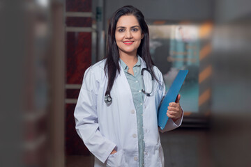 Medical concept, Indian female doctor in white coat with stethoscope standing at hospital.