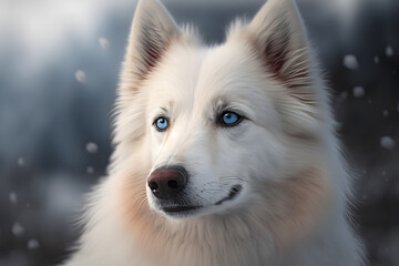 Obraz premium A dog with blue eyes and a white fur, Generative Ai