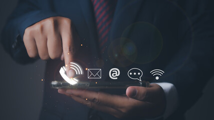 CONTACT US, Man using phone support hotline people connect customer service.