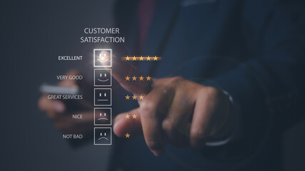 Customer satisfaction experience with five star icon and excellent.