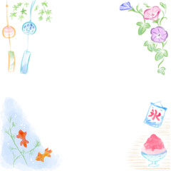 日本の夏風景　水彩画　背景　正方形