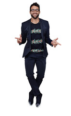 Fashion, portrait and cool man dancing feeling happy and excited isolated in a transparent or png background. Dance, celebrate and young person or model in happiness and confident in clothes