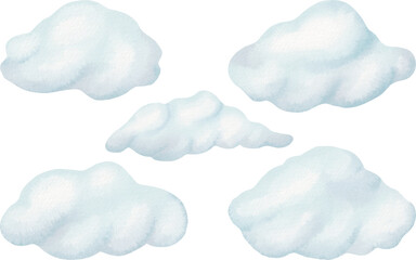 Set Cartoon cute illustration. Gentle blue soft fluffy clouds float across the sky. Beautiful weather. Watercolor tenderness. Isolated digital elements handmade. spring, summer, autumn, winter