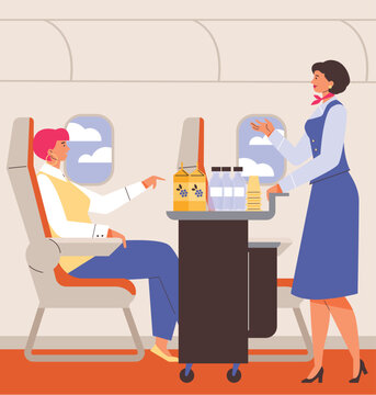 Flight attendant pushing trolley with beverages and snacks, flat vector illustration.