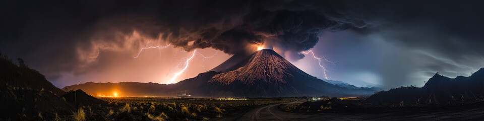 Spectacular simultaneous lightning storm and volcanic eruption, igniting the dark, ash-filled sky above an erupting volcano – a truly captivating scene. Generative AI