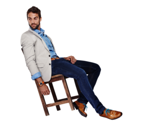 Man, fashion and relax on wooden chair for stylish casual clothing isolated on a transparent PNG background. Confident male person or young model with style relaxing, leaning or sitting on furniture