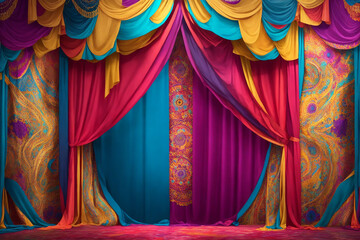 Beautiful Colorful Backdrop Performance Show Stage with Indian Style Curtains - obrazy, fototapety, plakaty