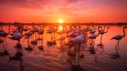 photography sunset near the river and group of flamingos walking in water ai image generative