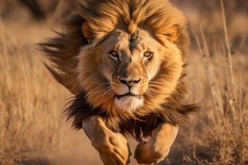photo of dangerous lion running in jungle ai image generated