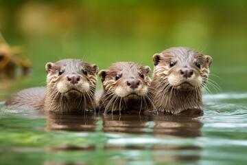 three brown otters in the water taking bath ai image generative