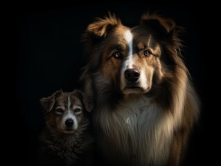 photo of cute dog and puppy isolated on black background ai image generative