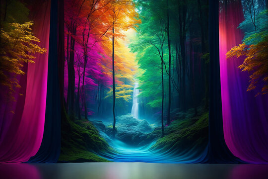 Beautiful Colorful Background Performance Show Stage with River View Landscape and Unique Decoration Style