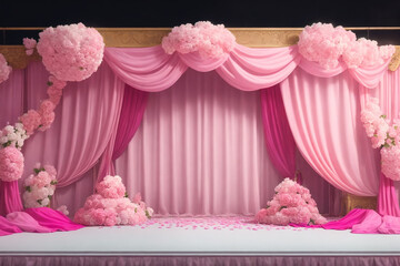 Beautiful Pink Curtain for Show Performance Stage with Flowers Ornament Decoration Looks Elegant