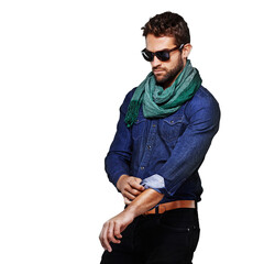 Stylish man in sunglasses, jeans and isolated on transparent png background for designer casual...