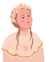 Girl in a white dress for the first communion. Vector. The child is ready to receive the sacrament of the Eucharist. A young Catholic woman prays before the sacromontic sacrament of communion.