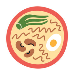 Ramen bowl icon, vector illustration of noodle soup with beans, bok choy and egg, ethnic dish with broth, noodles and toppings, Asian cuisine illustration, flat cartoon colored clipart, isolated