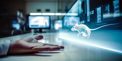 Captivating image of a man's hand holding a lab mouse, with a white-coated scientist in the background, evoking emotions on animal experimentation and research. Generative AI