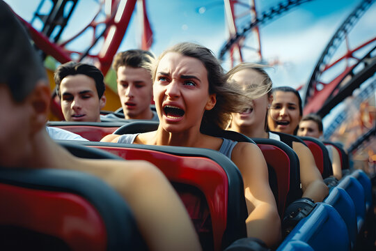 Emotions girl screaming with fright and joy ride people on trolleys in roller coaster turns. Generative AI.