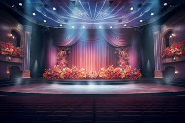 Theater Performance Show Stage with Red Curtains there are Beautiful Flowers Decoration and Lighting