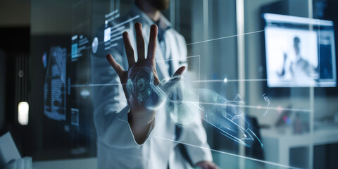 Innovative image capturing a man's hand using cutting-edge virtual reality technology for scientific research in an advanced lab, evoking both progress and fascination. Generative AI