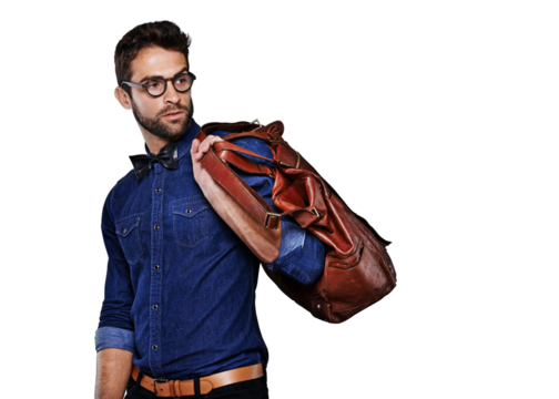 Isolated business man, case and travel for vision, thinking or retro fashion by transparent png background. Young businessman, model and idea for luggage, leather bag or vintage clothes for aesthetic