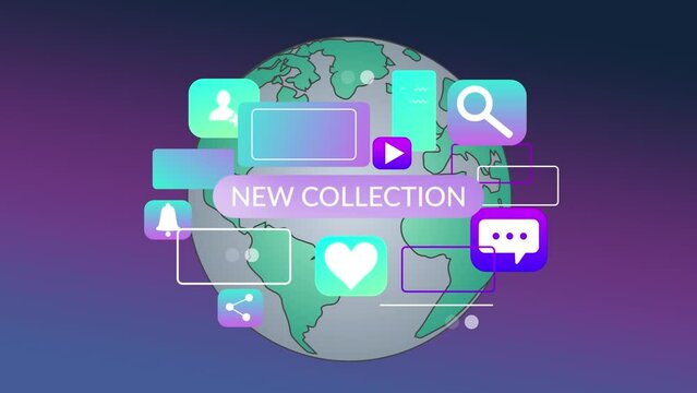 Animation of icons and new collection over glob eon violet background