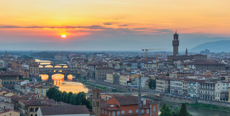Fototapeta na wymiar Florence Italy, panorama high angle view sunset city skyline at Ponte Vecchio Bridge and Arno River, Tuscany Italy