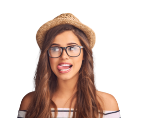 Isolated young woman, glasses and tongue with funny face, thinking and hat by transparent png background. Girl, model and student with fashion, vision and comic playing with ideas, clothes or beauty