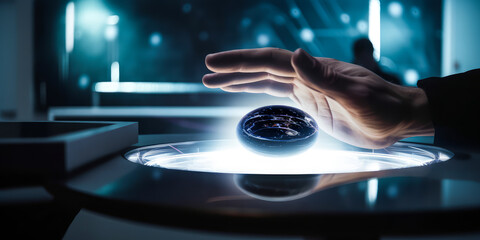 Astrophysicist's hand gracefully manipulating a holographic black hole, conveying the thrill of universe dynamics research in theoretical physics. Generative AI